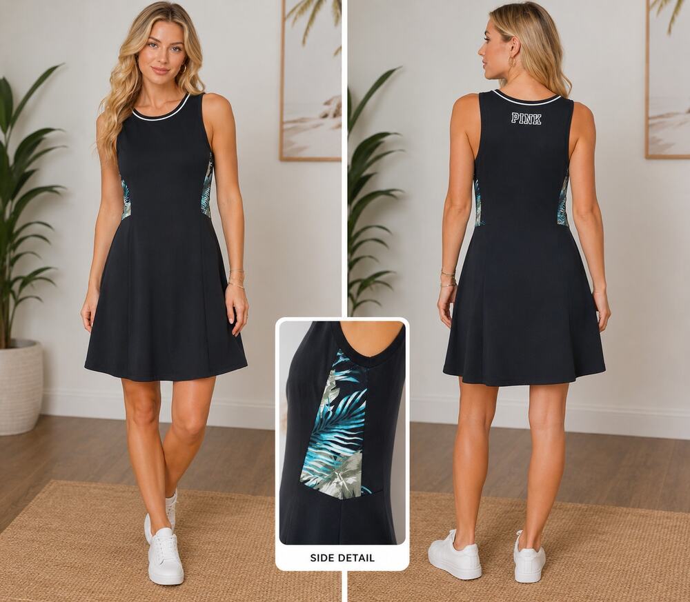 PINK Victoria’s Secret Black Tank Dress Medium Tropical Side Panel Fit Flare